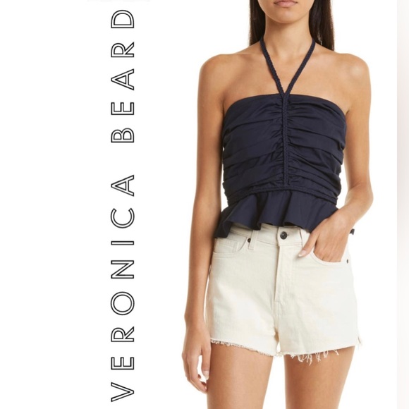 NWTO Veronica Beard Arienne Ruched Stretch Cotton Halter Top Size 10